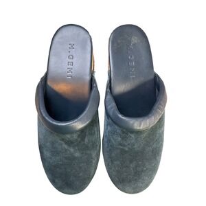 M Gemi Navy Blue Suede Studded Wood Platform Clog Mules Italy Size 38